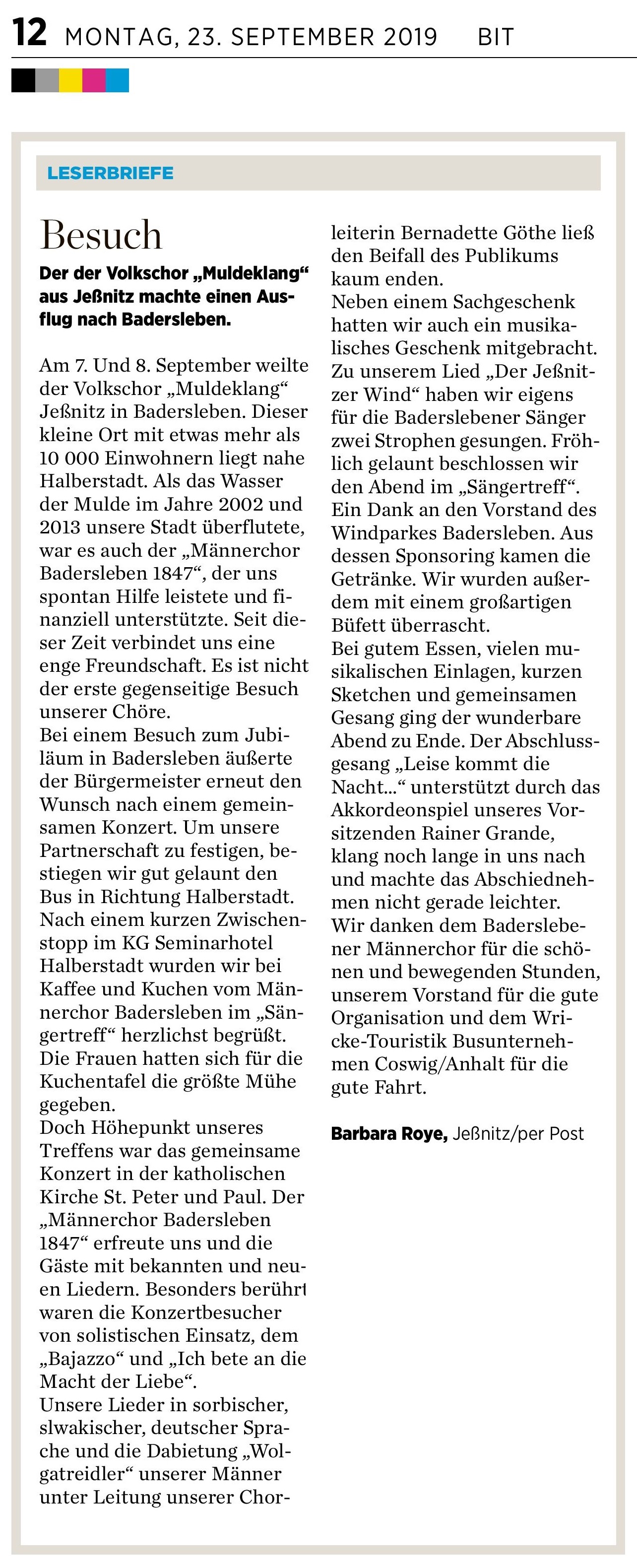 Leserbrief zur Chorfahrt nach Badersleben in der Mitteldeutschen Zeitung
